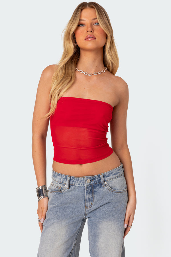 edikted Celestia Sheer Mesh Tube Top red