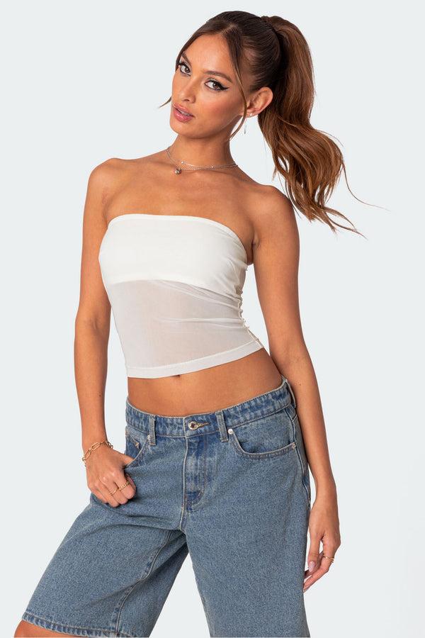 edikted Celestia Sheer Mesh Tube Top white