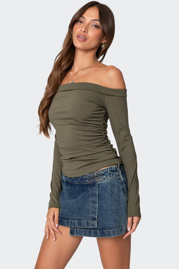 Edikted Celly Rolled Off Shoulder Top Olive
