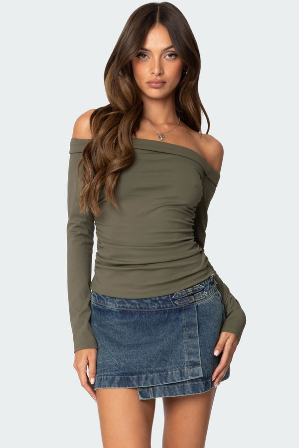 edikted Celly Rolled Off Shoulder Top olive