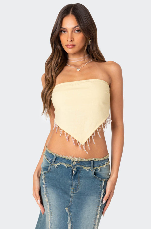 edikted Chandelier Beaded Triangle Top beige