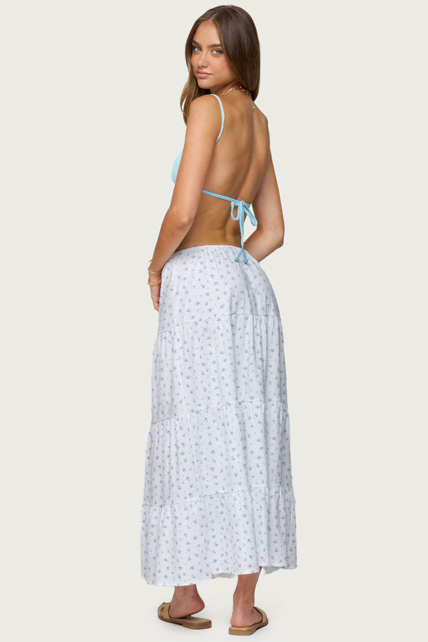 Edikted Charley Floral Tiered Maxi Skirt White