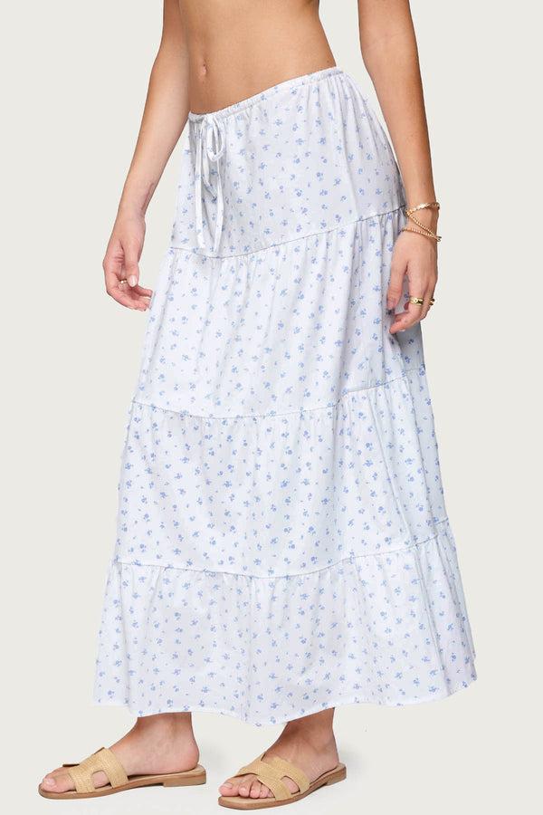 Edikted Charley Floral Tiered Maxi Skirt White