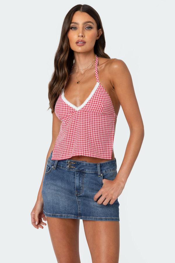 Edikted Charmaine Open Back Gingham Top Red