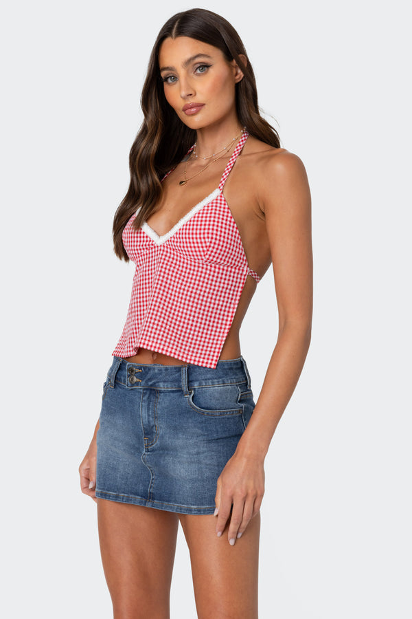 Edikted Charmaine Open Back Gingham Top Red