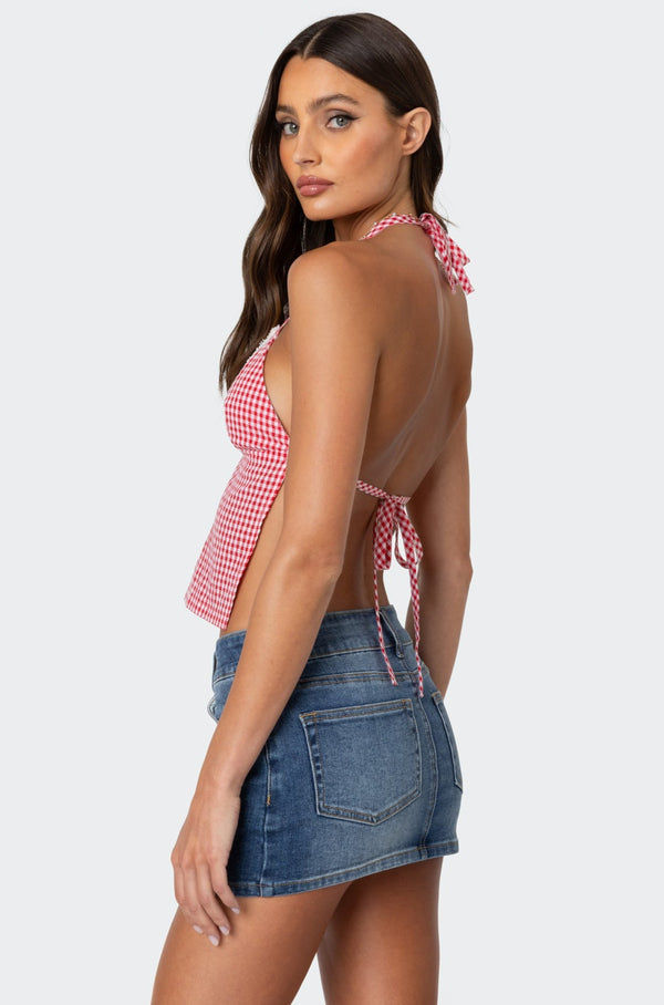 edikted Charmaine Open Back Gingham Top red