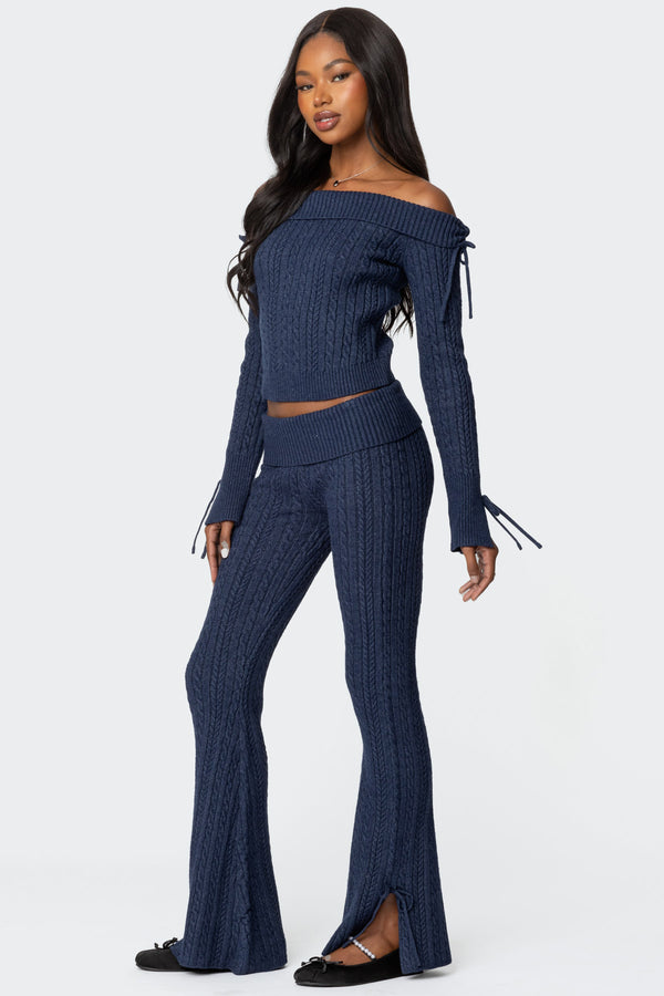 Edikted Chase Fold Over Cable Knit Pants Navy