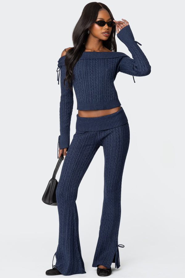 edikted Chase Fold Over Cable Knit Pants navy