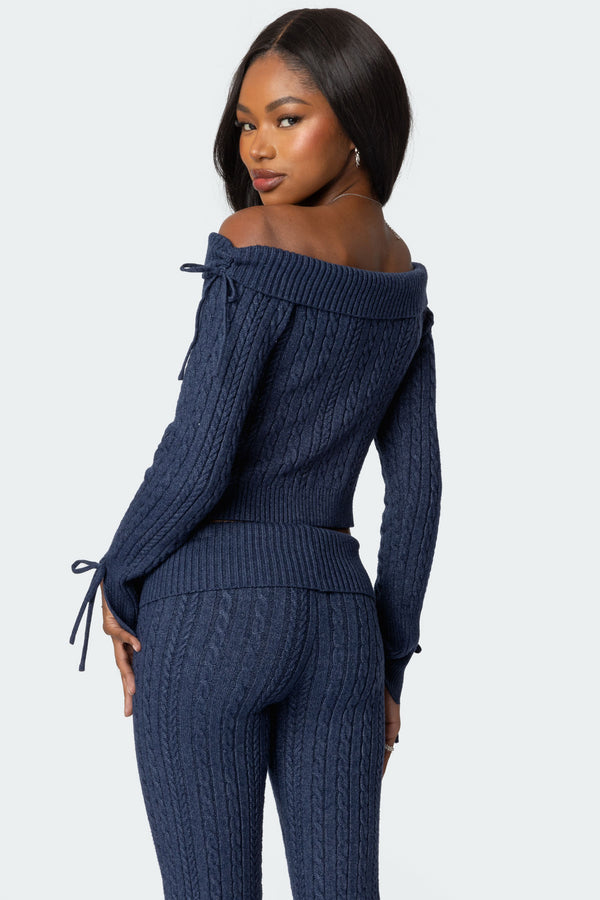 Edikted Chase Fold Over Cable Knit Top Navy