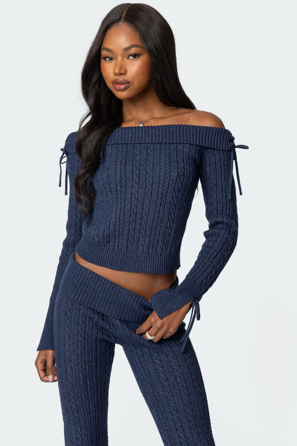 edikted Chase Fold Over Cable Knit Top navy