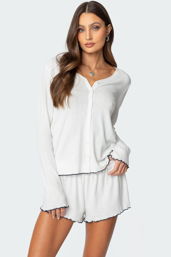 edikted Chelsey Button Up Pointelle Top white