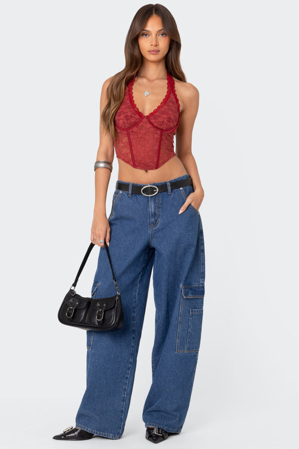 Edikted Chica Lace Halter Corset Burgundy