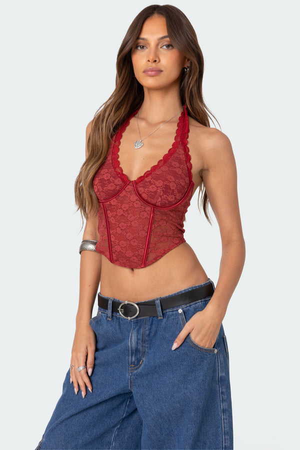 Edikted Chica Lace Halter Corset Burgundy