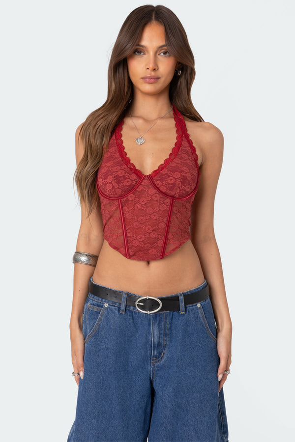 edikted Chica Lace Halter Corset burgundy