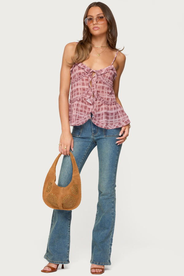 Edikted Chiffon Printed Tie Front Ruffle Top Pink