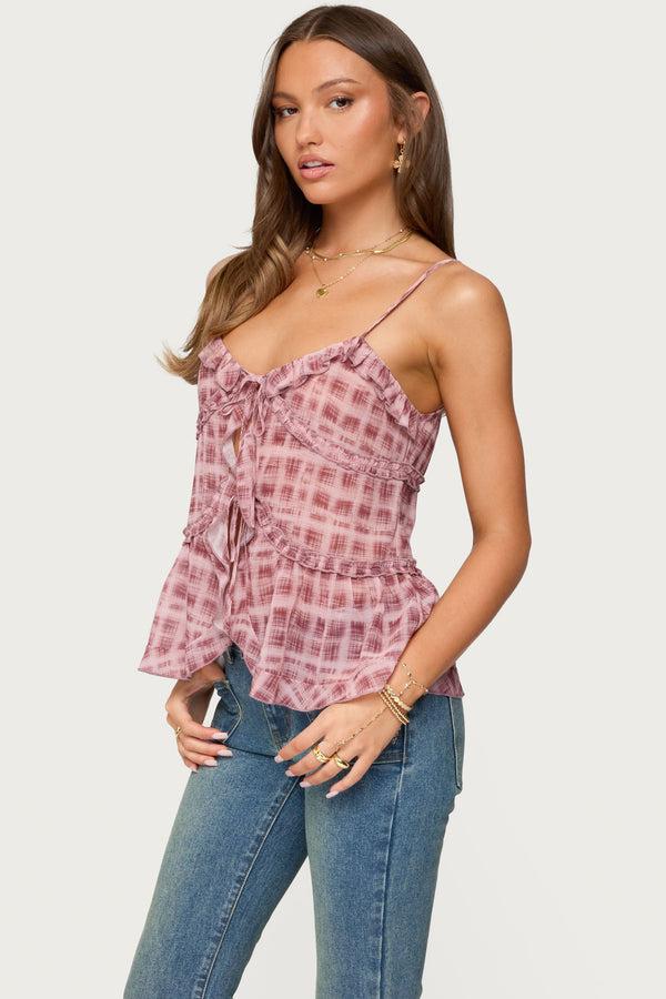 Edikted Chiffon Printed Tie Front Ruffle Top Pink