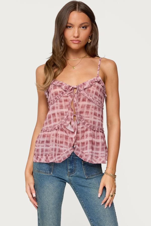 edikted Chiffon Printed Tie Front Ruffle Top pink