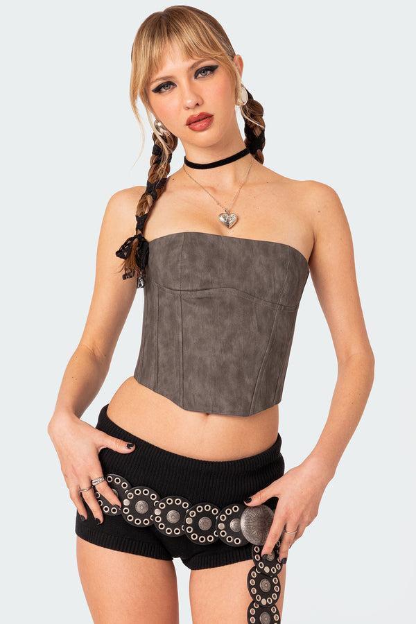 Edikted Christa Washed Faux Leather Corset Gray