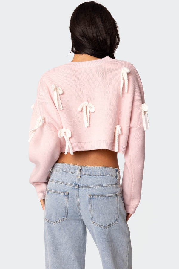 Edikted Chunky Bow Cropped Sweater Pink