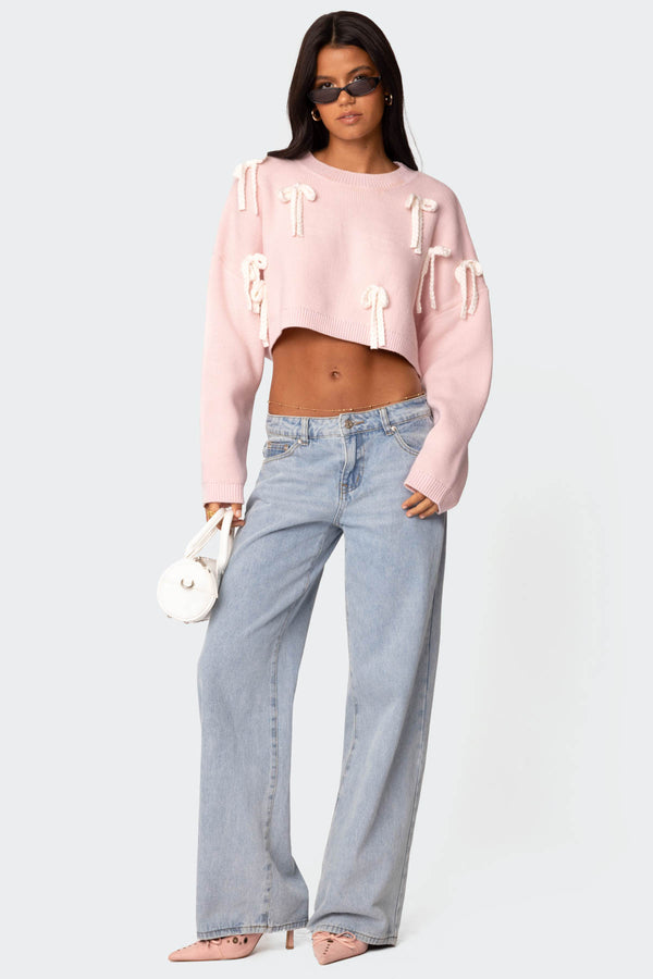 Edikted Chunky Bow Cropped Sweater Pink