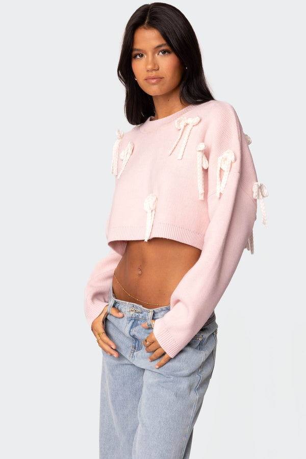 Edikted Chunky Bow Cropped Sweater Pink