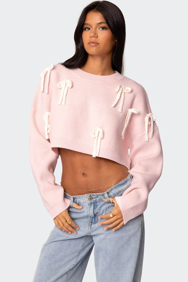 edikted Chunky Bow Cropped Sweater pink