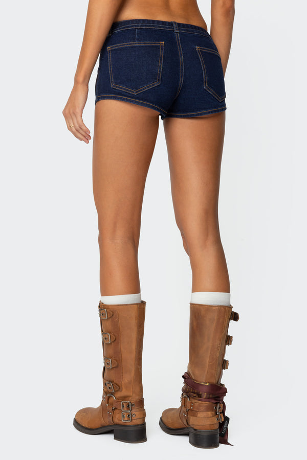 Edikted Ciel Low Rise Denim Micro Shorts Dark Blue