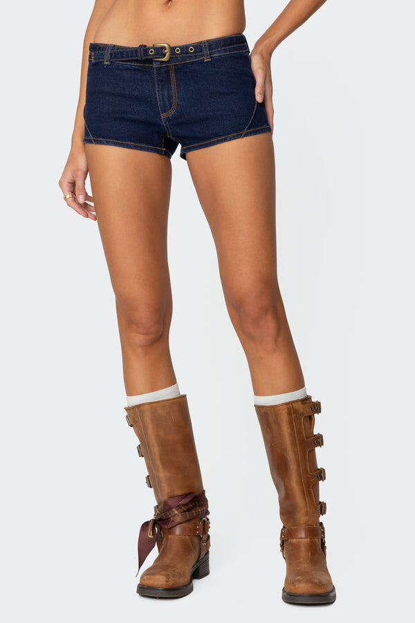 Edikted Ciel Low Rise Denim Micro Shorts Dark Blue