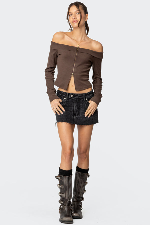 Edikted Clarissa Fold Over Ribbed Top Brown