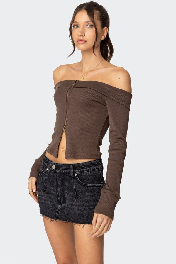 Edikted Clarissa Fold Over Ribbed Top Brown