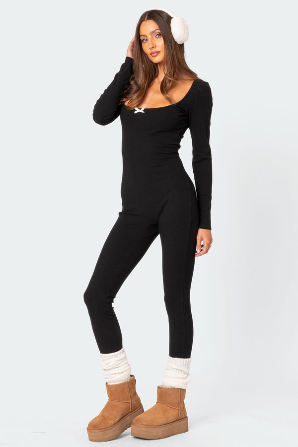 Edikted Cloud 9 Ribbed Jumpsuit Black