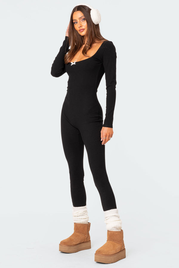 Edikted Cloud 9 Ribbed Jumpsuit Black