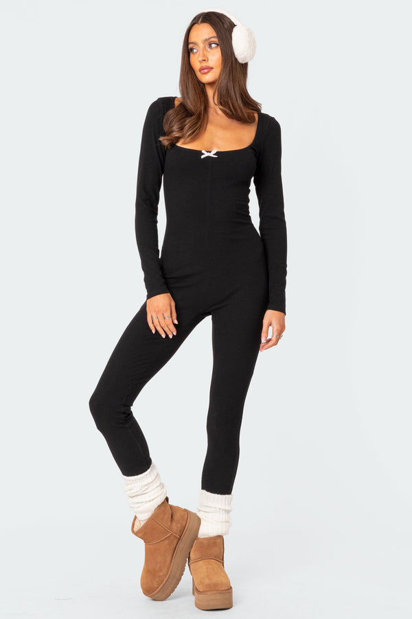 edikted Cloud 9 Ribbed Jumpsuit black