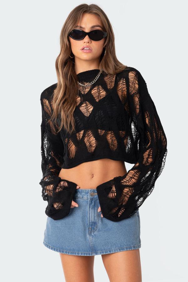 edikted Clover Distressed Sweater black