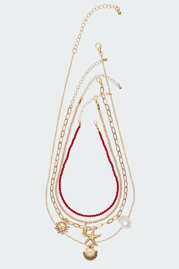 Edikted Coastal Necklace Pack Gold And Red