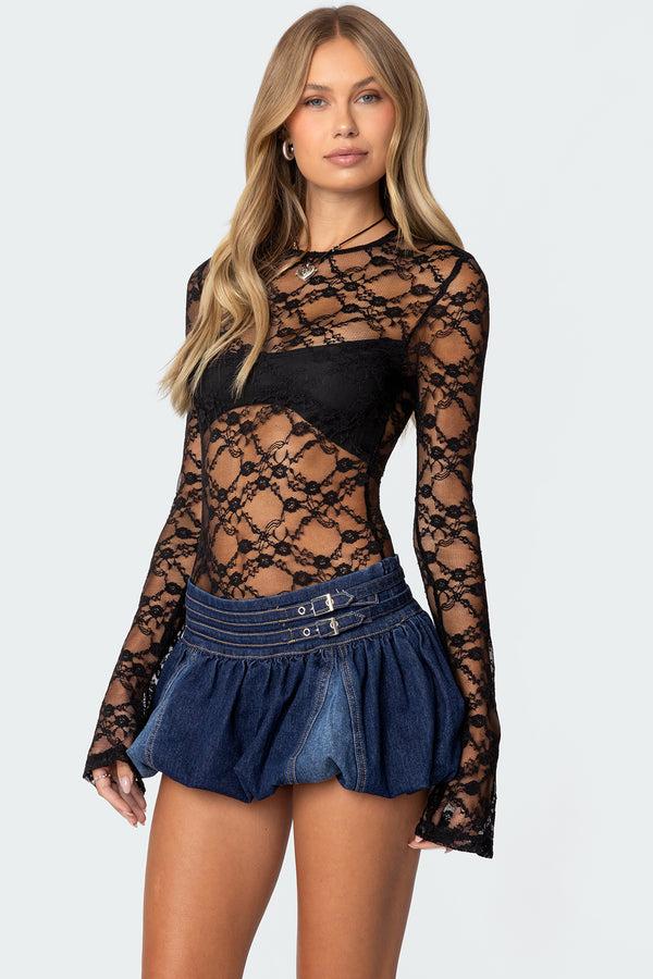Edikted Colette Sheer Lace Bodysuit Black