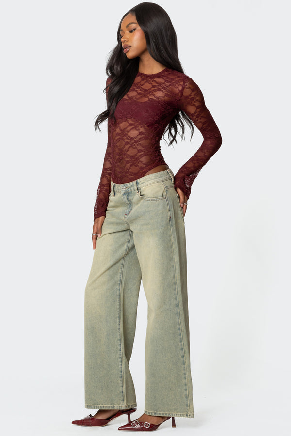 Edikted Colette Sheer Lace Bodysuit Burgundy