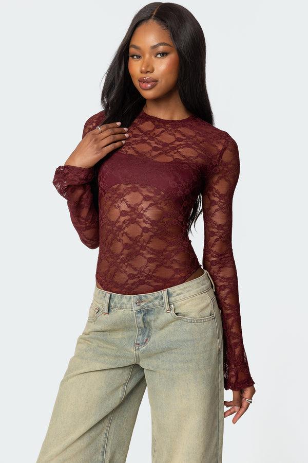 edikted Colette Sheer Lace Bodysuit burgundy