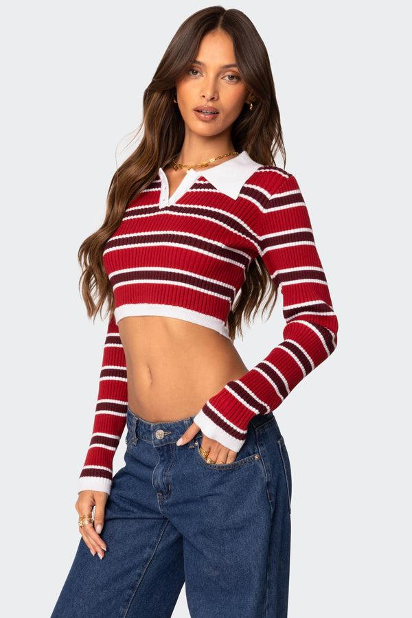 Edikted Collared Stripey Ribbed Crop Top Red