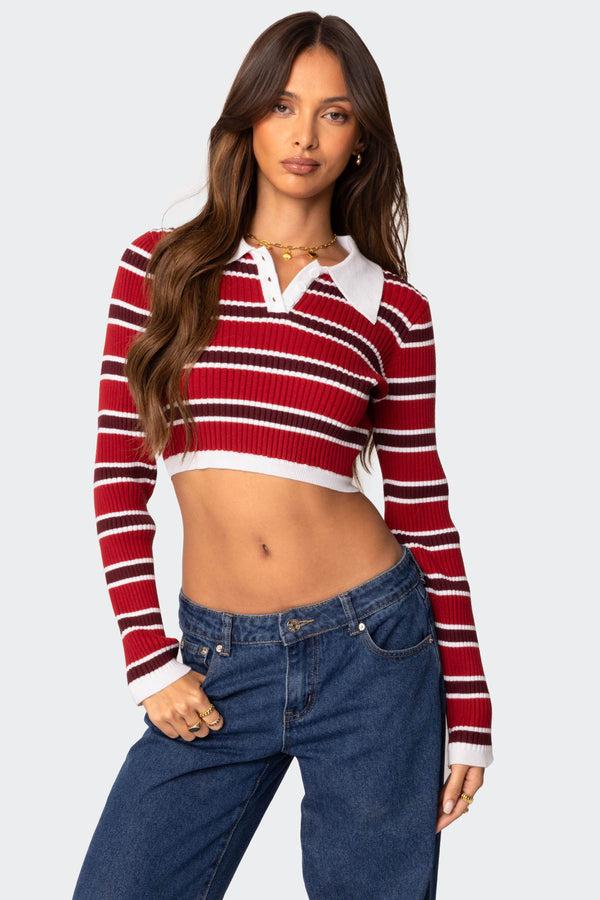 edikted Collared Stripey Ribbed Crop Top red