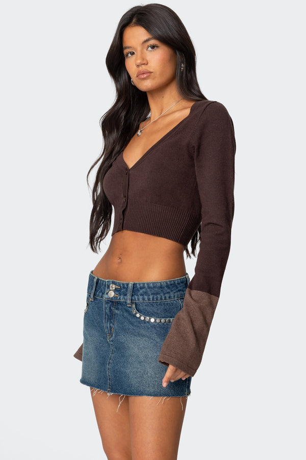 Edikted Color Block Flared Sleeve Cardigan Brown