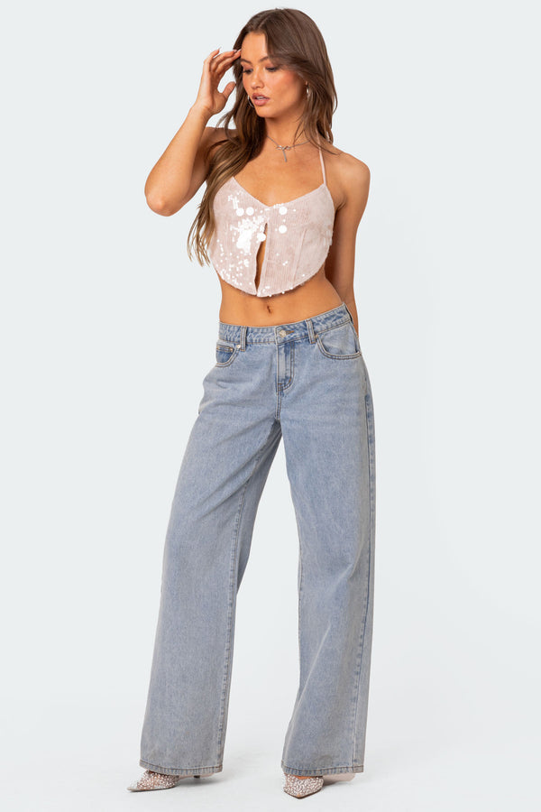 Edikted Confetti Sequin Open Back Top Light Pink