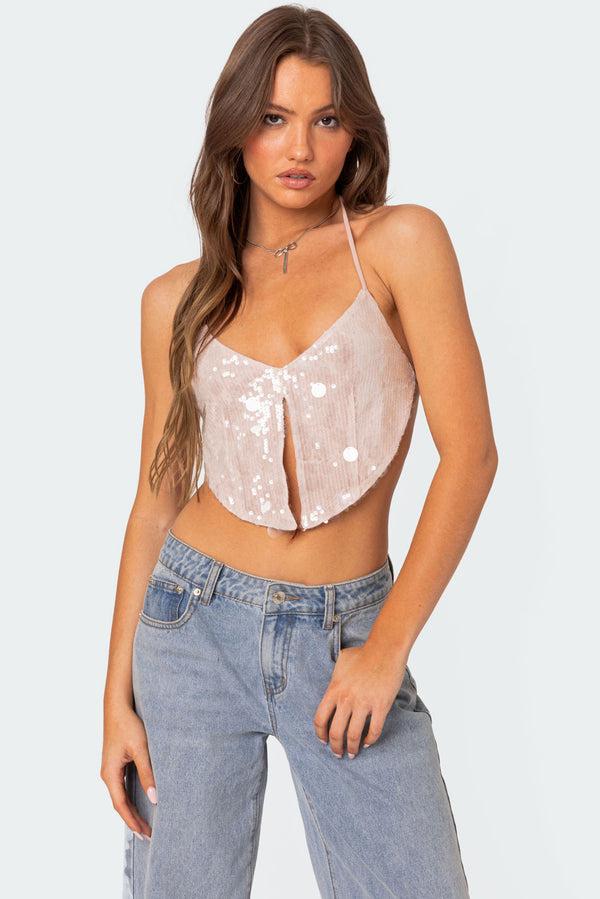 edikted Confetti Sequin Open Back Top light pink