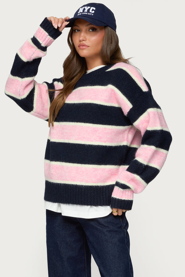 Edikted Conrad Striped Knit Sweater Navy And Pink
