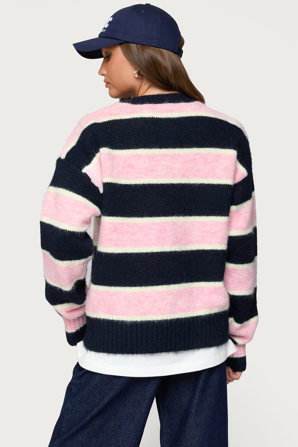 Edikted Conrad Striped Knit Sweater Navy And Pink