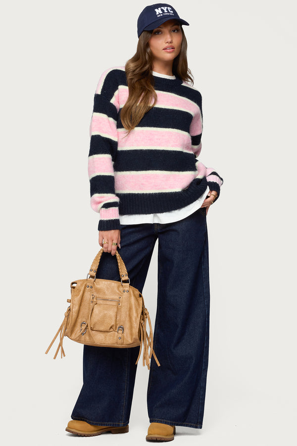 Edikted Conrad Striped Knit Sweater Navy And Pink