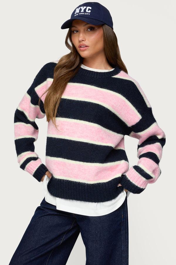 edikted Conrad Striped Knit Sweater navy and pink