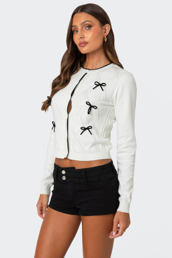 Edikted Contrast Bow Knit Cardigan Cream