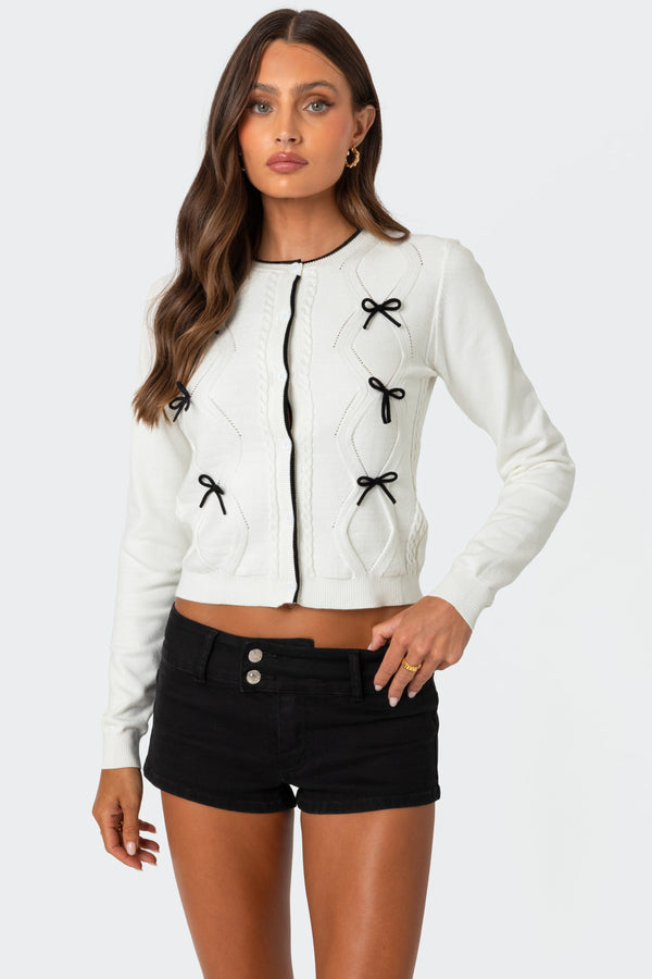 edikted Contrast Bow Knit Cardigan cream