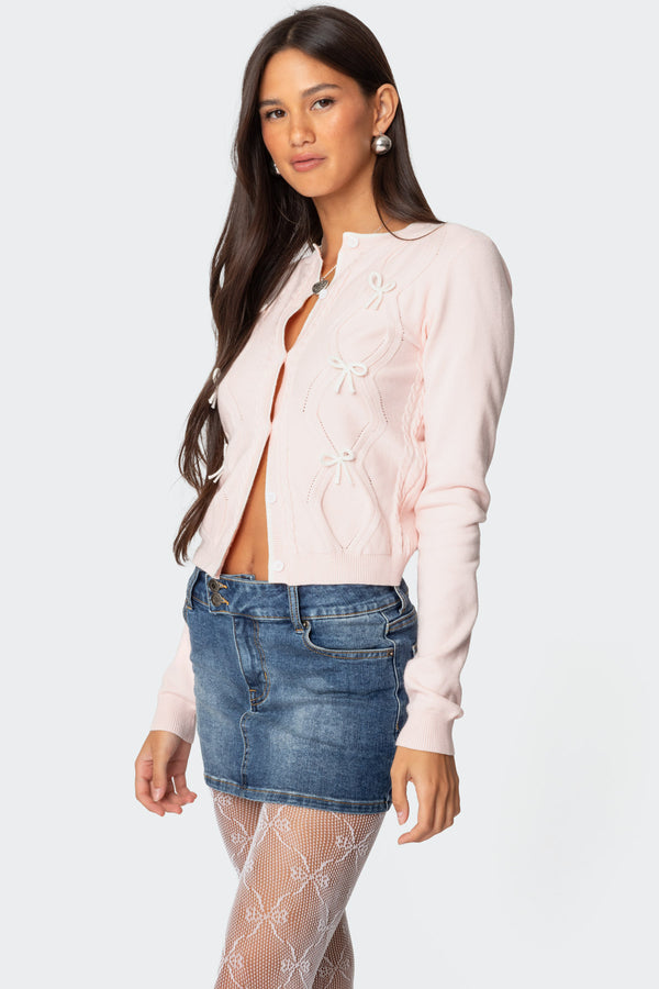 Edikted Contrast Bow Knit Cardigan Light Pink